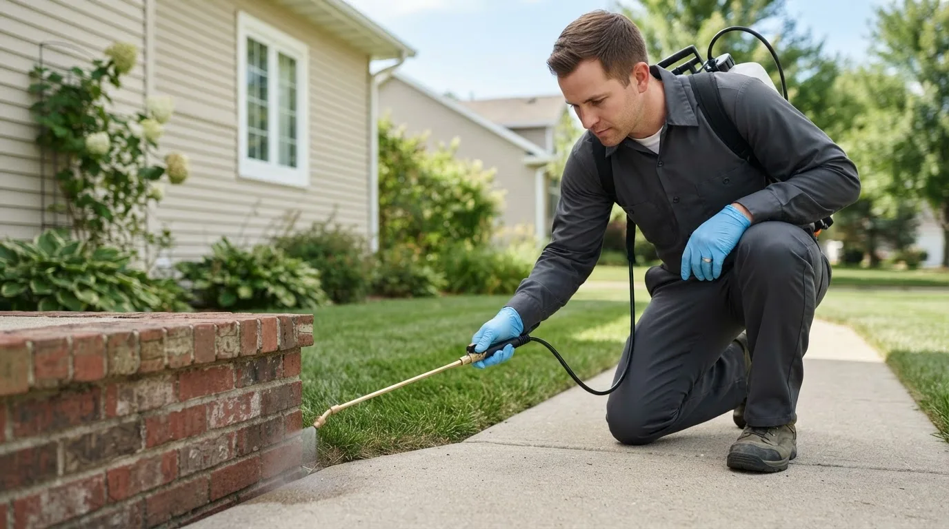 Pest control technician treating a home near Otwell, IN